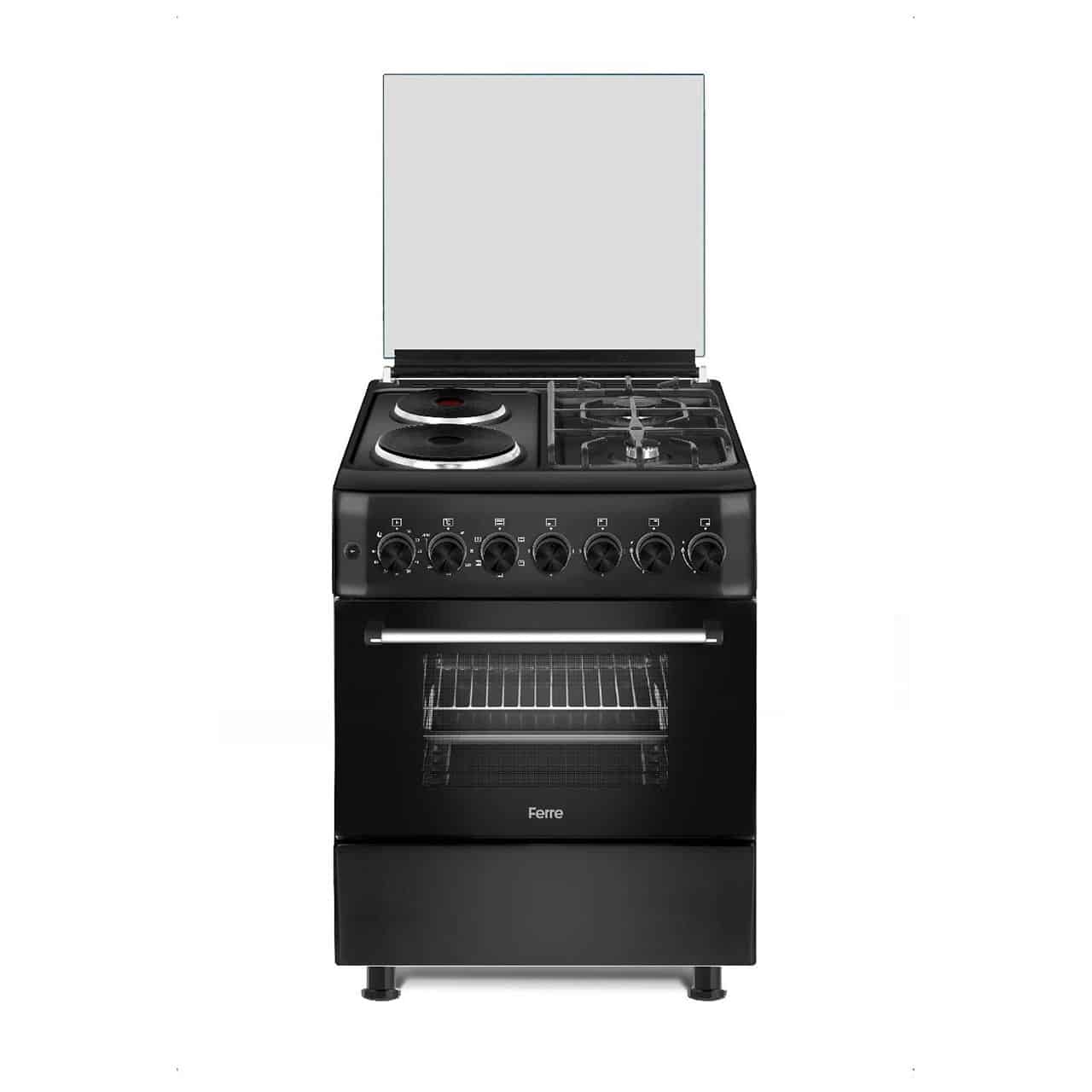 FERRE STOVE F5C22G2.BF 2 GAS 2 ELECTRIC + GAS OVEN BLACK WITH GLASS LID 50X50