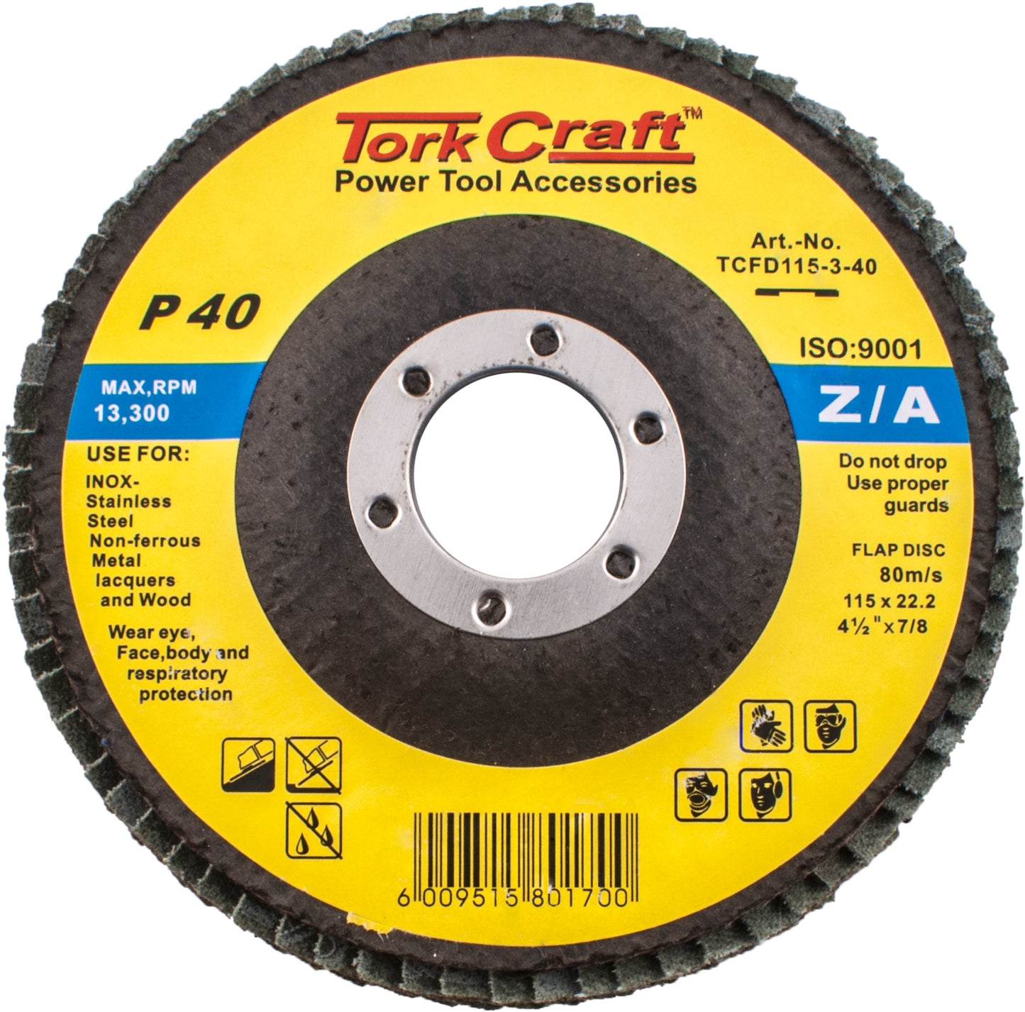 TORKCRAFT FLAP DISC ZIRCONIUM 115MM 40 GRIT TCFD115-3-40