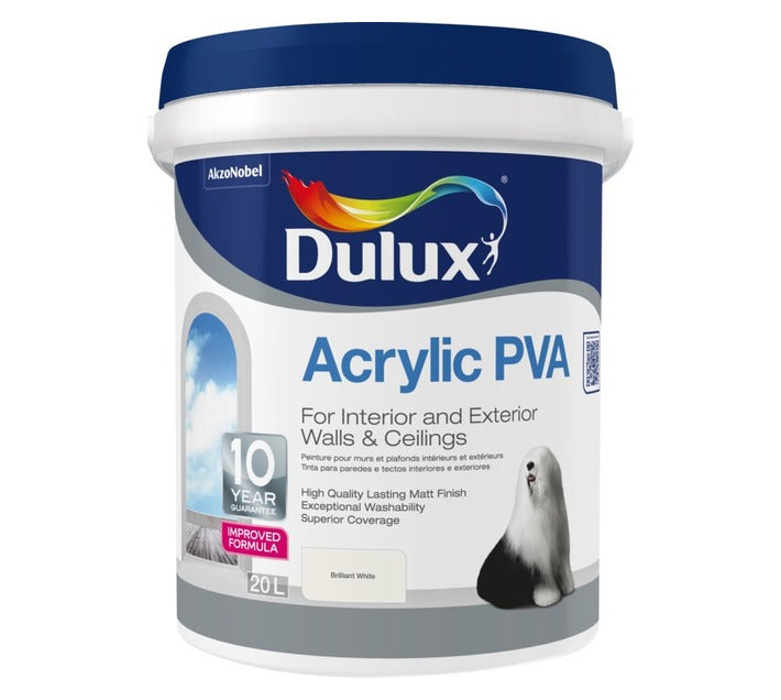 DULUX ACRYLIC PVA BRILLIANT WHITE 20L 5147037