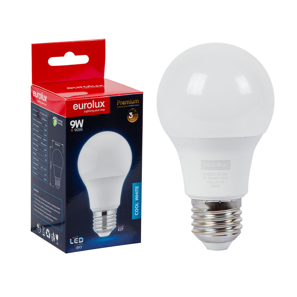 EUROLUX LED COOL WHITE GLOBE OPAL A60 9W E27 G1032CW