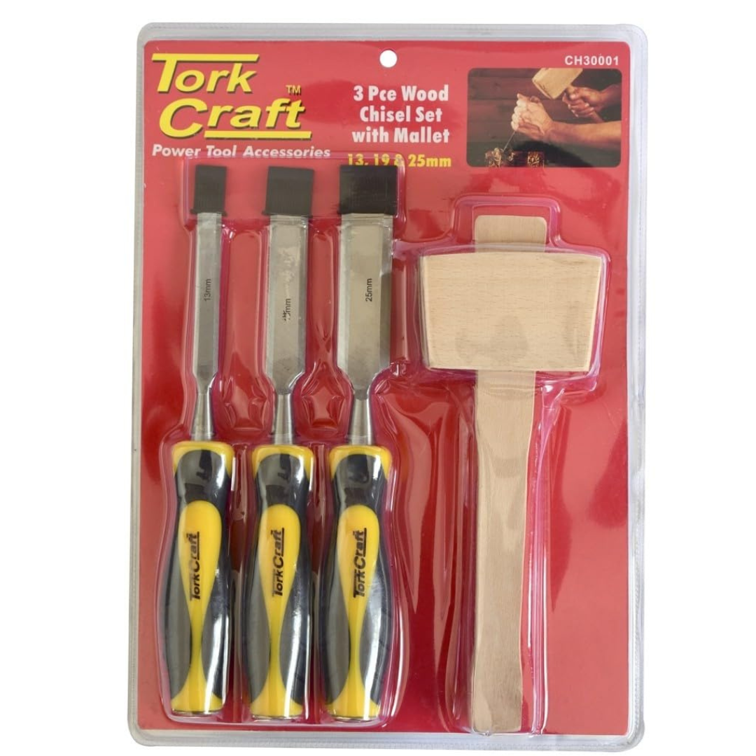 TORK CRAFT CHISEL WOOD SET 3PCS PLUS WOODEN MALLET BLISTER CH30001