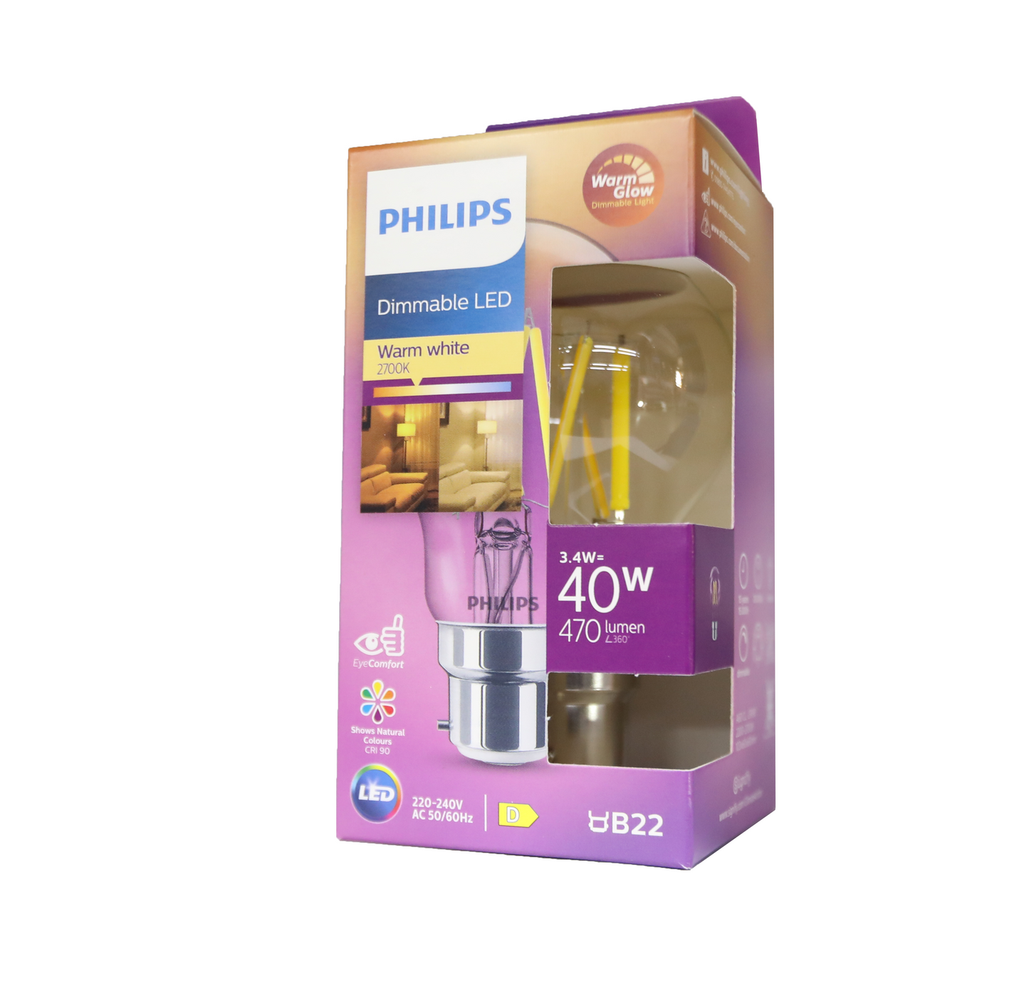 PHILIPS LED FILAMENT DIMMABLE 3.4W-40W B22 WW A60