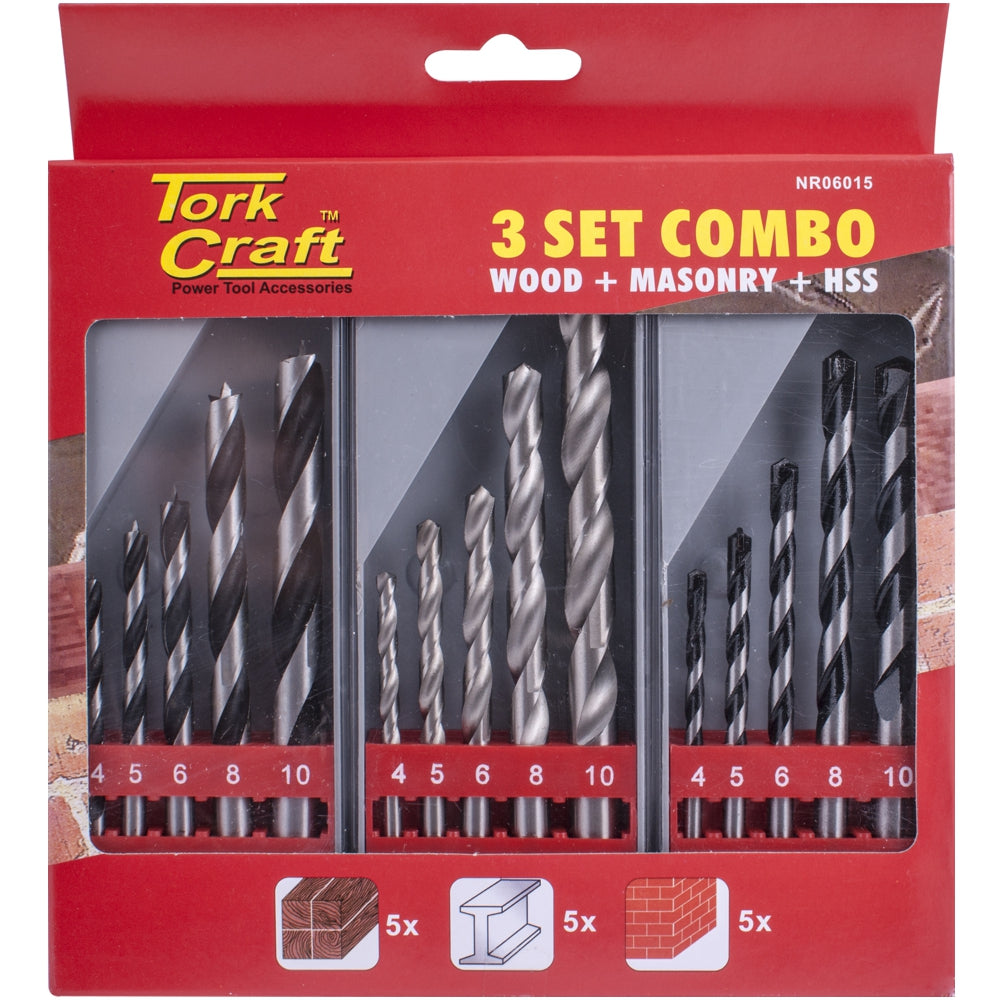 TORKCRAFT DRILLL BIT 3 SET COMBO WOOD + MASONARY + HSS NR06015