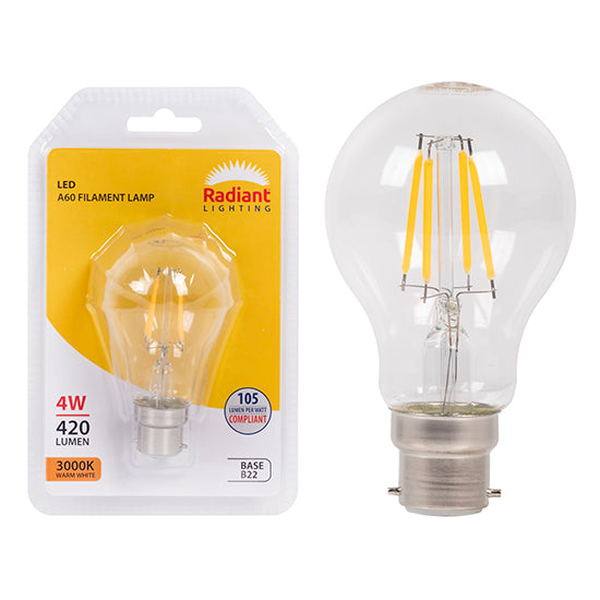 RADIANT LED FILAMENT LAMP CLEAR A60 4W B22 3000K RLL265