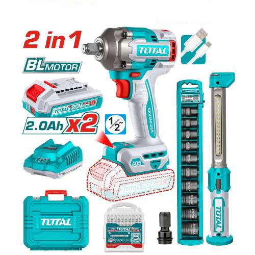 TOTAL IMPACT WRENCH CORDLESS 2PCS & 10PCS SOCKETS + WORK LAMP COMBO KIT 20V TOSLI23056