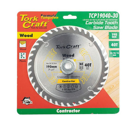 TORK CRAFT BLADE CONTRACTOR CIRCULAR SAW TUNGSTEN 190X40T 30/20/16 TCP19040-30