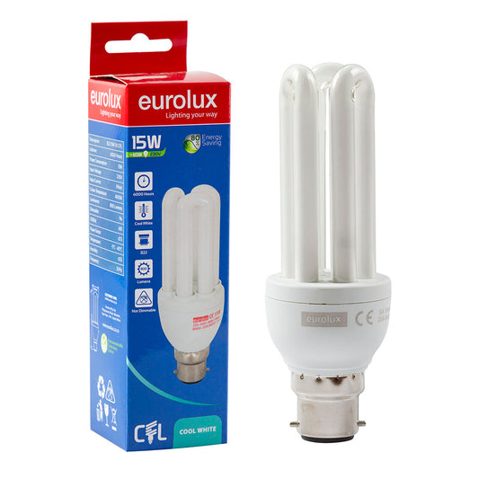 EUROLUX BULB ENERGY SAVING CFL COOL WHITE 3U 15W B22 G4