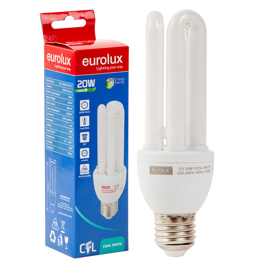 EUROLUX BULB ENERGY SAVING CFL COOL WHITE 3U 20W E27 G1