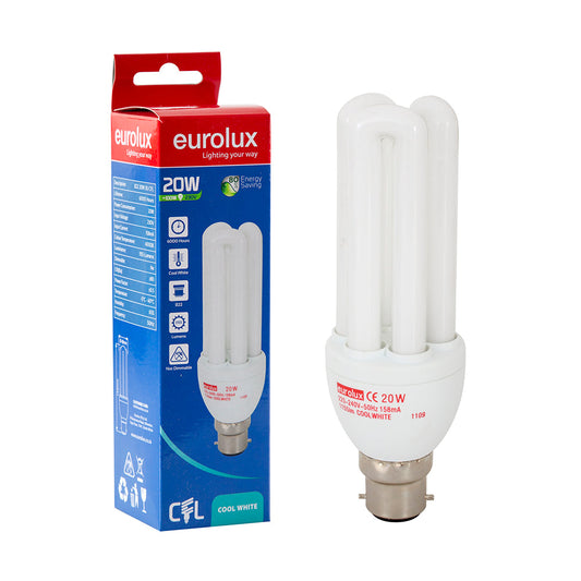 EUROLUX BULB ENERGY SAVING CFL COOL WHITE 3U 20W B22 G2