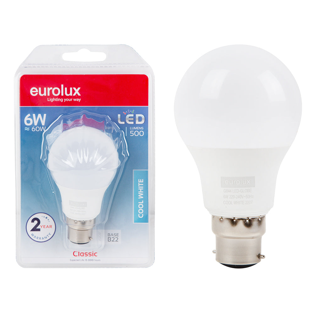 EUROLUX LED BULB COOL WHITE A60 6W B22 4000K G844