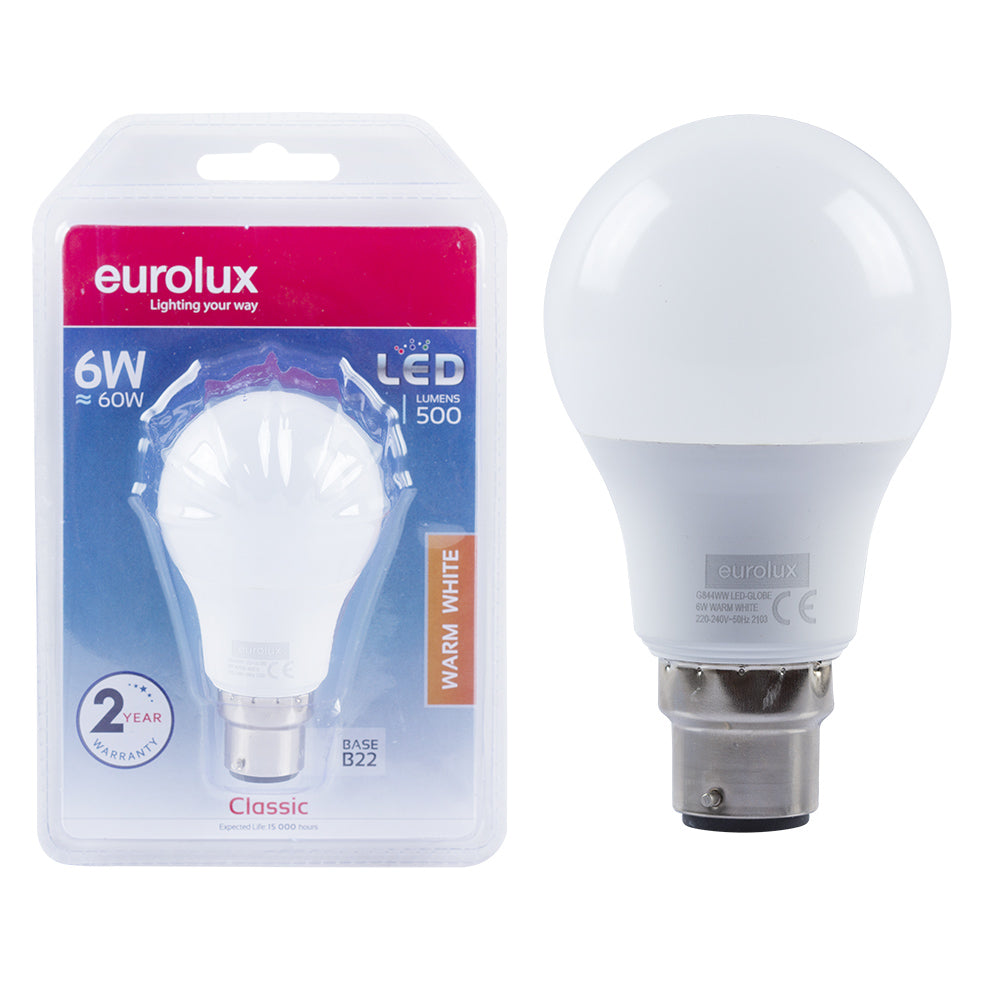 EUROLUX LED BULB WARM WHITE A60 6W B22 3000K G844WW