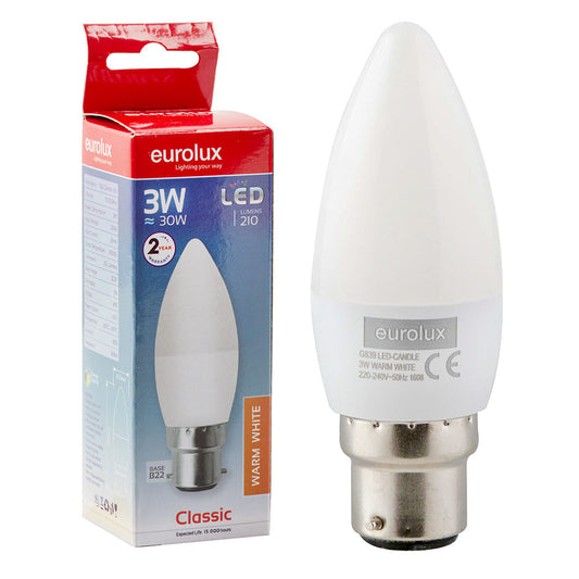 EUROLUX LED CANDLE PLASTIC WARM WHITE 3W B22 G839