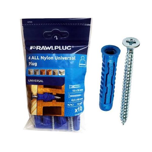 RAWLPLUG PLUG UNIVERSAL NYLON 200 IN A BOX 10MMX50MM R-C1-4ALL10PLUS