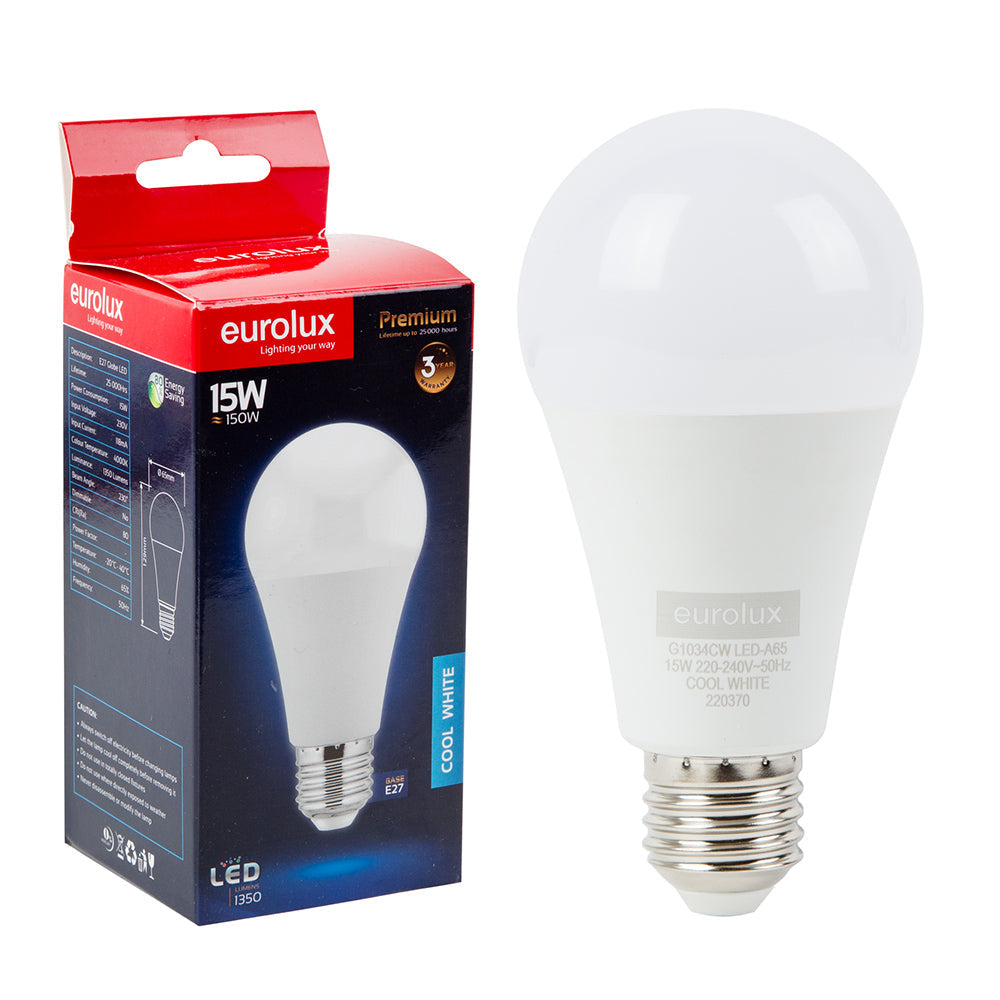 EUROLUX LED COOL WHITE GLOBE OPAL A60 15W E27 G1034CW