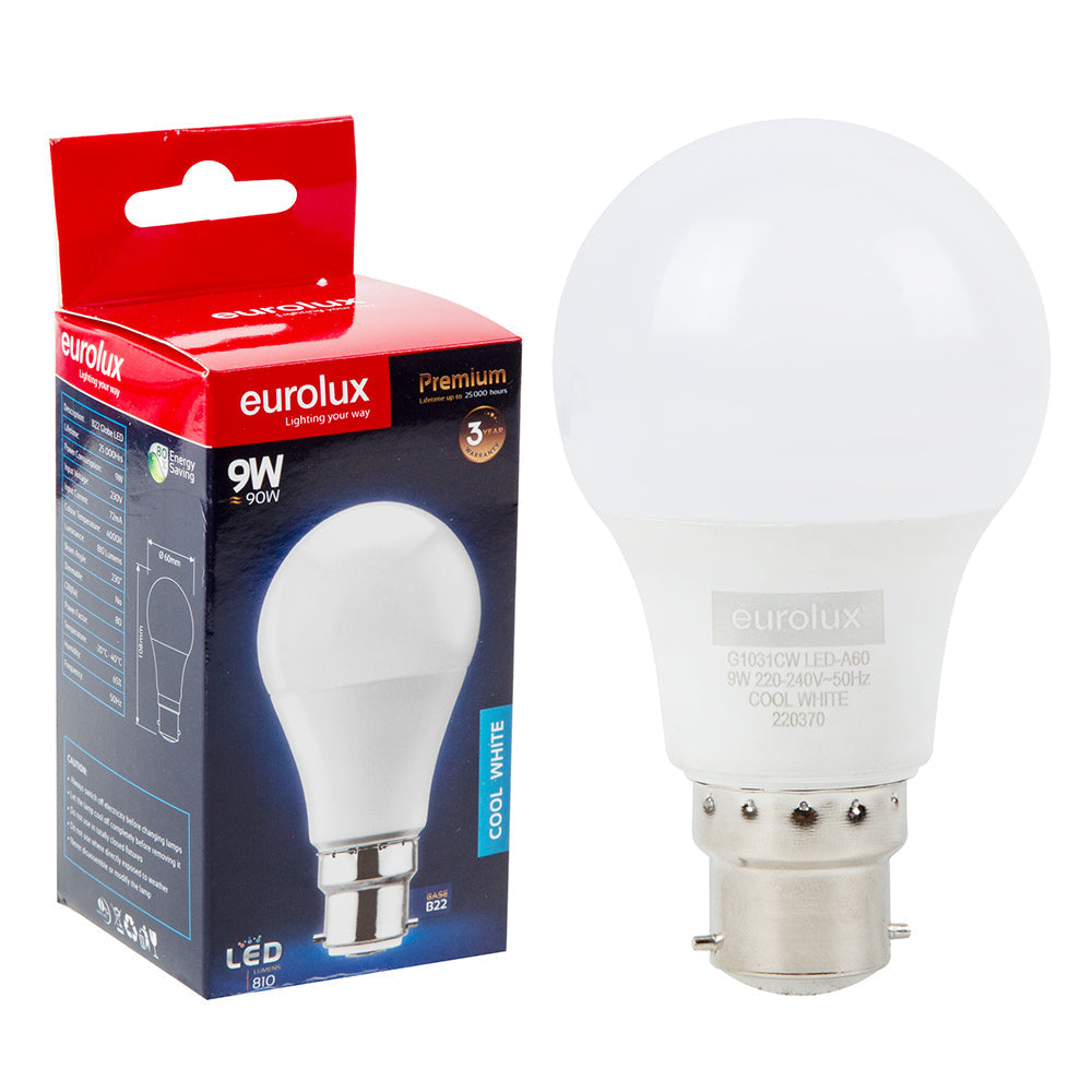 EUROLUX LED COOL WHITE GLOBE OPAL A60 9W B22 G1 G1031CW