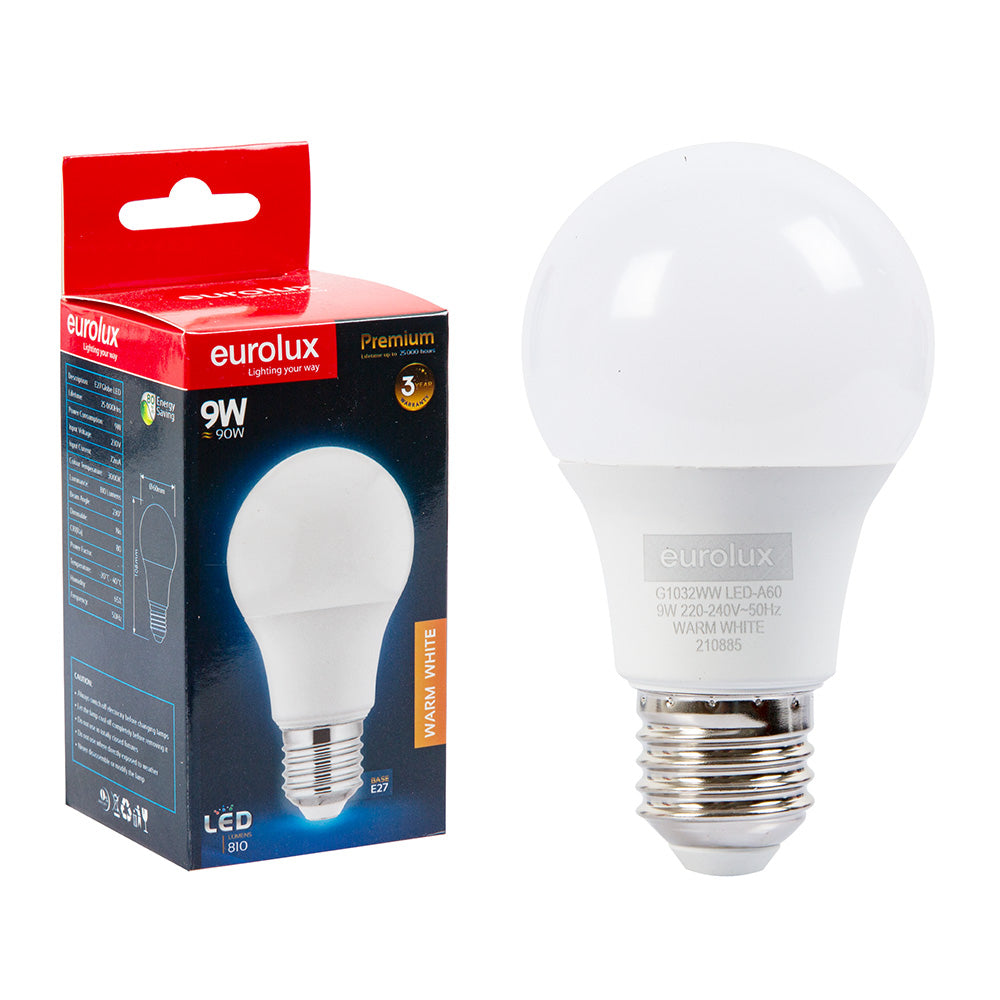 EUROLUX LED WARM WHITE GLOBE OPAL A60 9W E27 G1032WW