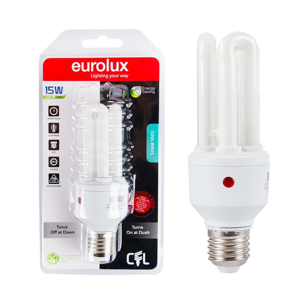 EUROLUX CFL DAY AND NIGHT SENSOR COOL WHITE 3U E27 15W BLISTER G227