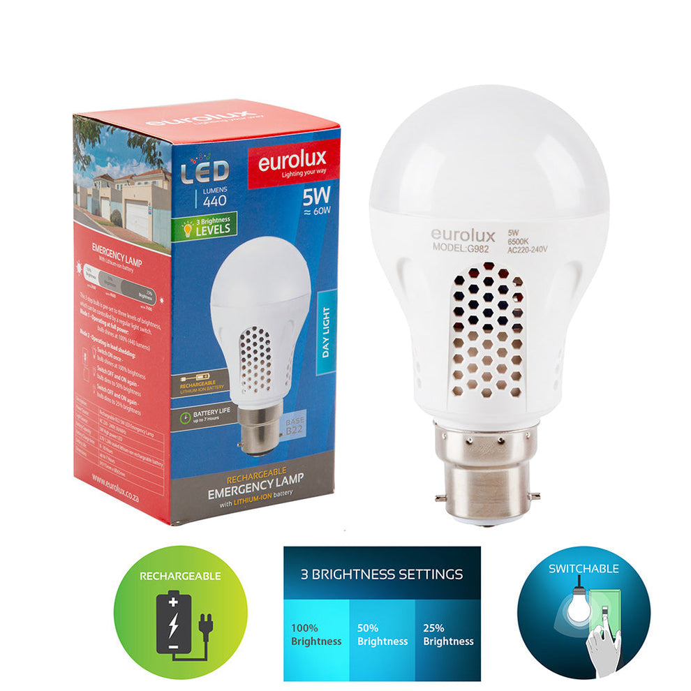 EUROLUX LED DAYLIGHT RECHARGEABLE LAMP B22 5W G982 EX – Micmar Online