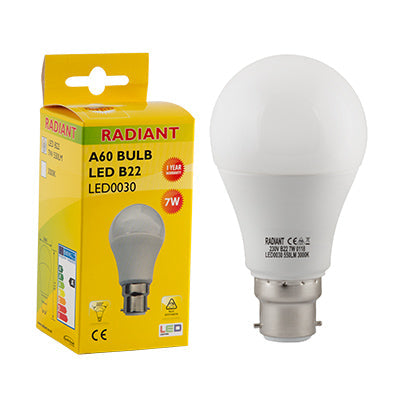 RADIANT LED FROSTED A60 B22 7W 3000K RLL030