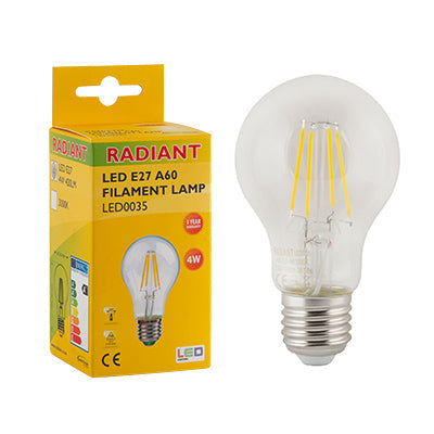 RADIANT LED FILAMENT CLEAR A60 E27 4W 3000K LED0035 RLL035