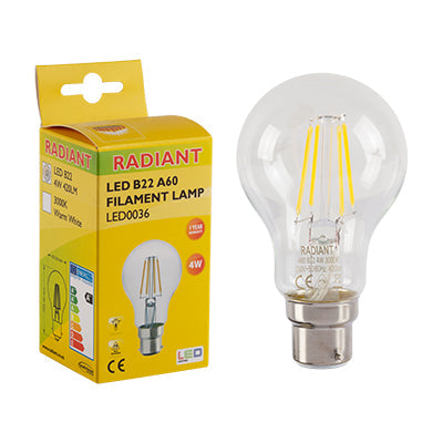 RADIANT LED FILAMENT CLEAR A60 B22 4W 3000K LED0036 RLL036