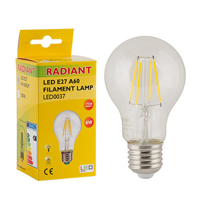 RADIANT LED FILAMENT CLEAR A60 E27 6W 3000K LED0037