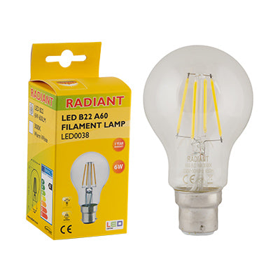 RADIANT LED FILAMENT CLEAR A60 B22 6W 3000K LED0038 RLL038