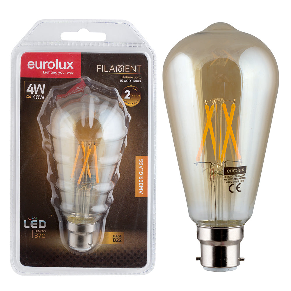 EUROLUX LED AMBER FILAMENT PEAR NIPPLE B22 W4 G513BC