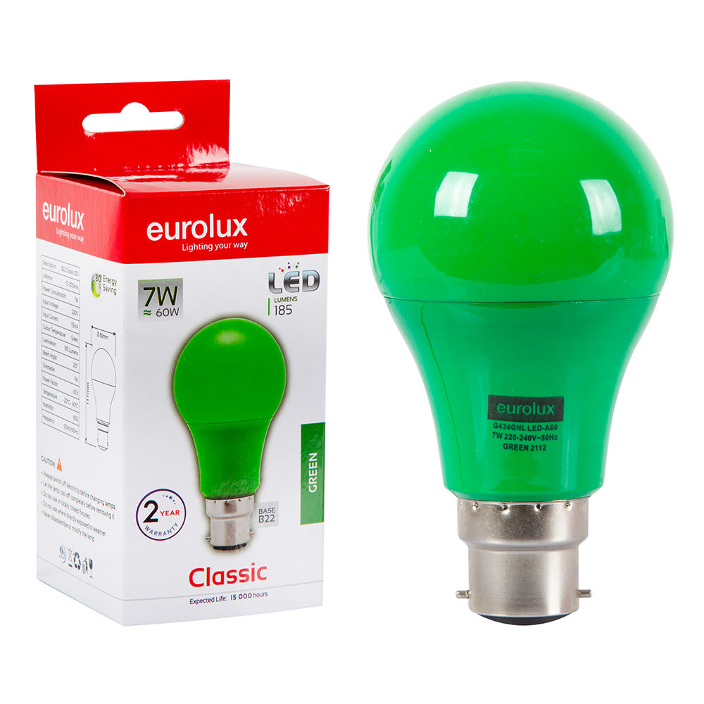 EUROLUX LED COLOURED GLOBE GREEN A60 B22 7W G434NGL