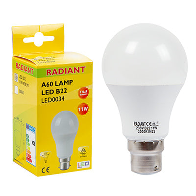 RADIANT LED FROSTED A60 B22 11W 3000K RLL034