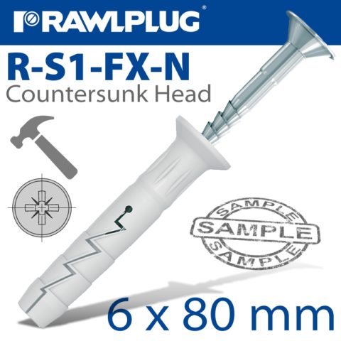 RAWLPLUG HAMMER IN FIXING NYLON & COUNTERSUNK VERSION  6X80MM RAWRSIFXNO6L080-10