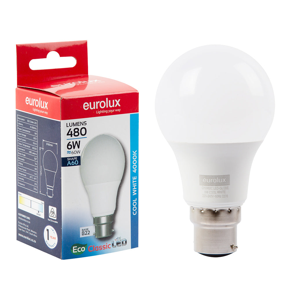 EUROLUX LED CLASSIC CORE A60 B22 6W 4000K G1095BC