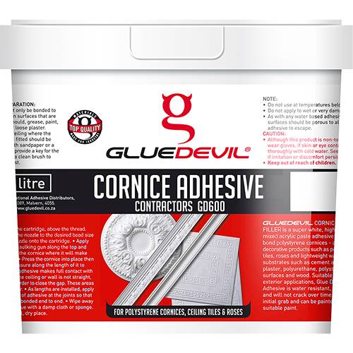 GLUE DEVIL CORNICE ADHESIVE 2KG BUCKET CONTRACTORS GRADE 50 GD600 RED LABEL CORNICE6670